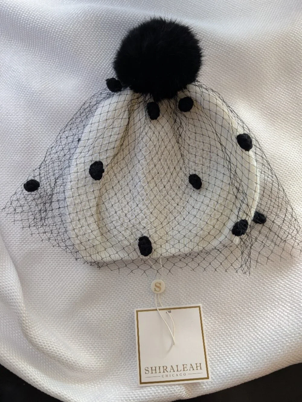 Shiraleah Ivory Knit Beanie Beret with Black Veil and Black Pom